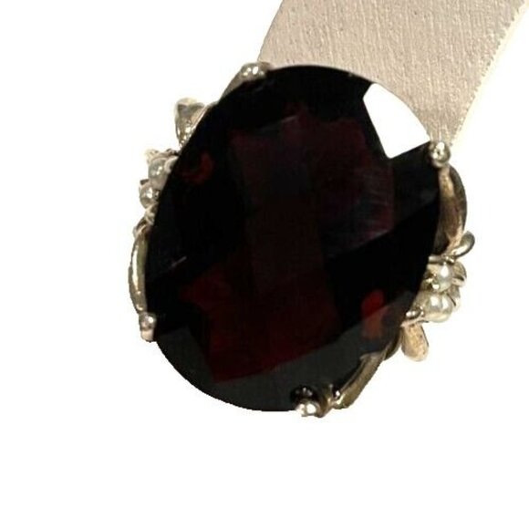 Vintage 925 Silver 22 X 17mm Lab Ruby size 7.5 ring 13.7gm faux seed pearls bows - Picture 3 of 13